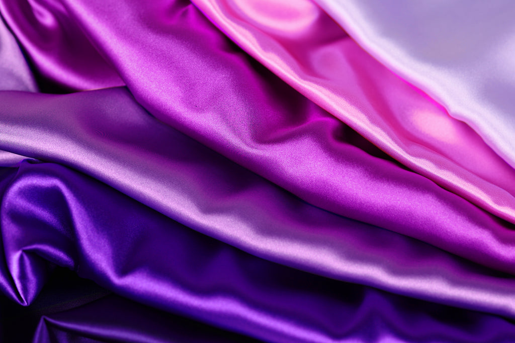 The image is a close-up of a pile of colorful satin fabric, with shades of purple and pink. The fabric appears to be folded or crumpled, creating a textured and visually interesting surface.