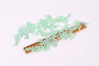 a close-up view of a wooden ruler with delicate, green lace-like patterns on it.