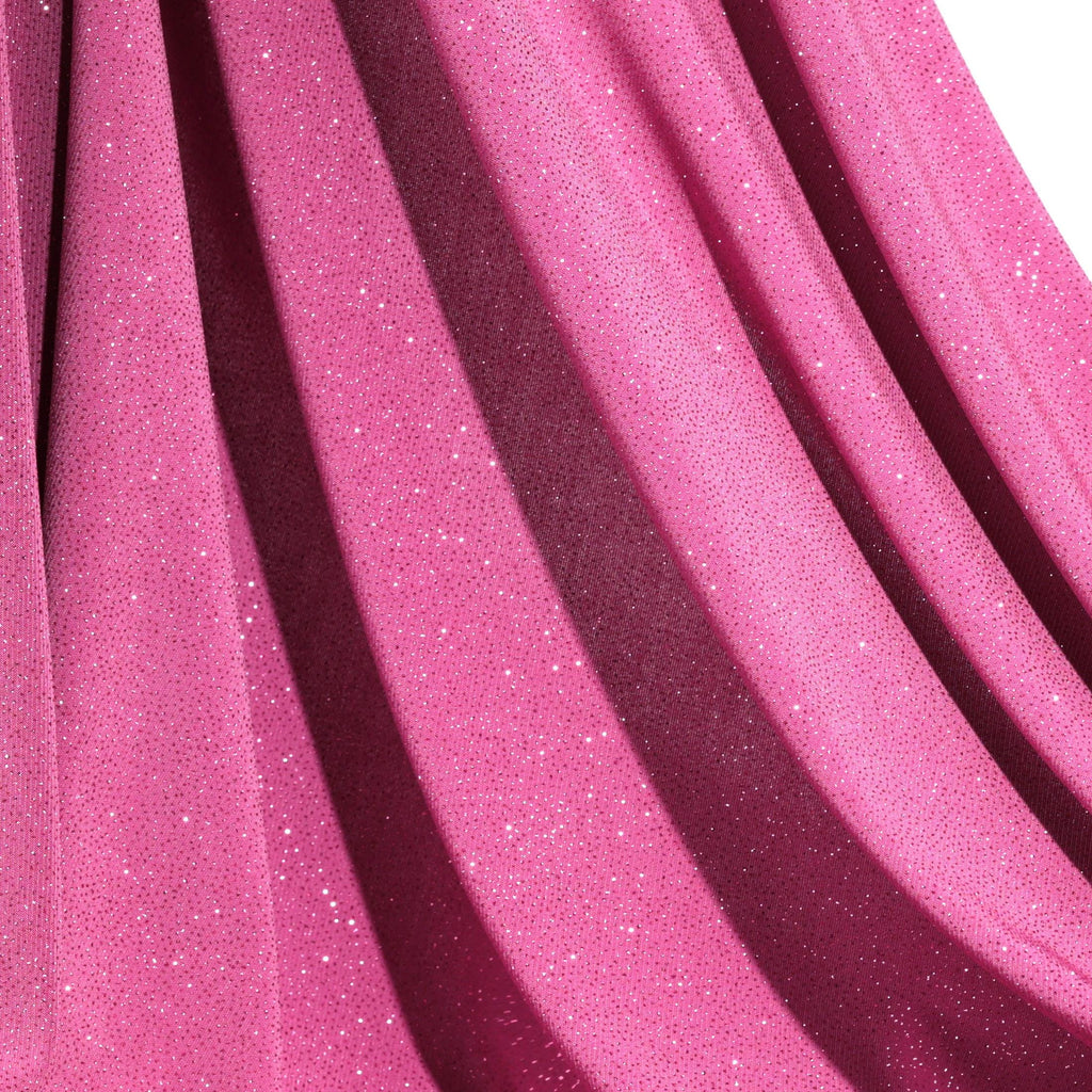 a close-up view of a shiny, pink fabric with sparkles or sequins on it.