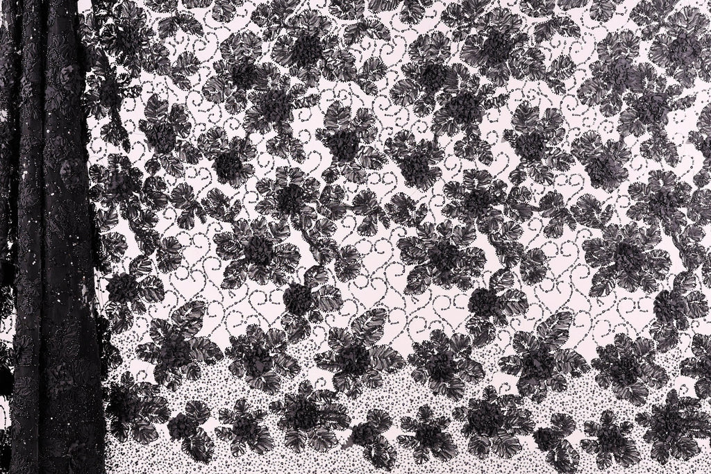 a close-up view of a black and white lace pattern with a repeating floral design.