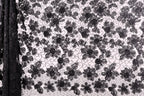 a close-up view of a black and white lace pattern with a repeating floral design.