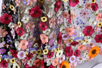 a close-up view of a fabric with a vibrant floral pattern. The fabric is adorned with a variety of colorful flowers, including red, pink, yellow, and purple flowers, as well as green leaves. The flowers are intricately embroidered or sewn onto the fabric, creating a visually striking and detailed design. The fabric appears to be a sheer material, allowing the flowers to be clearly visible.