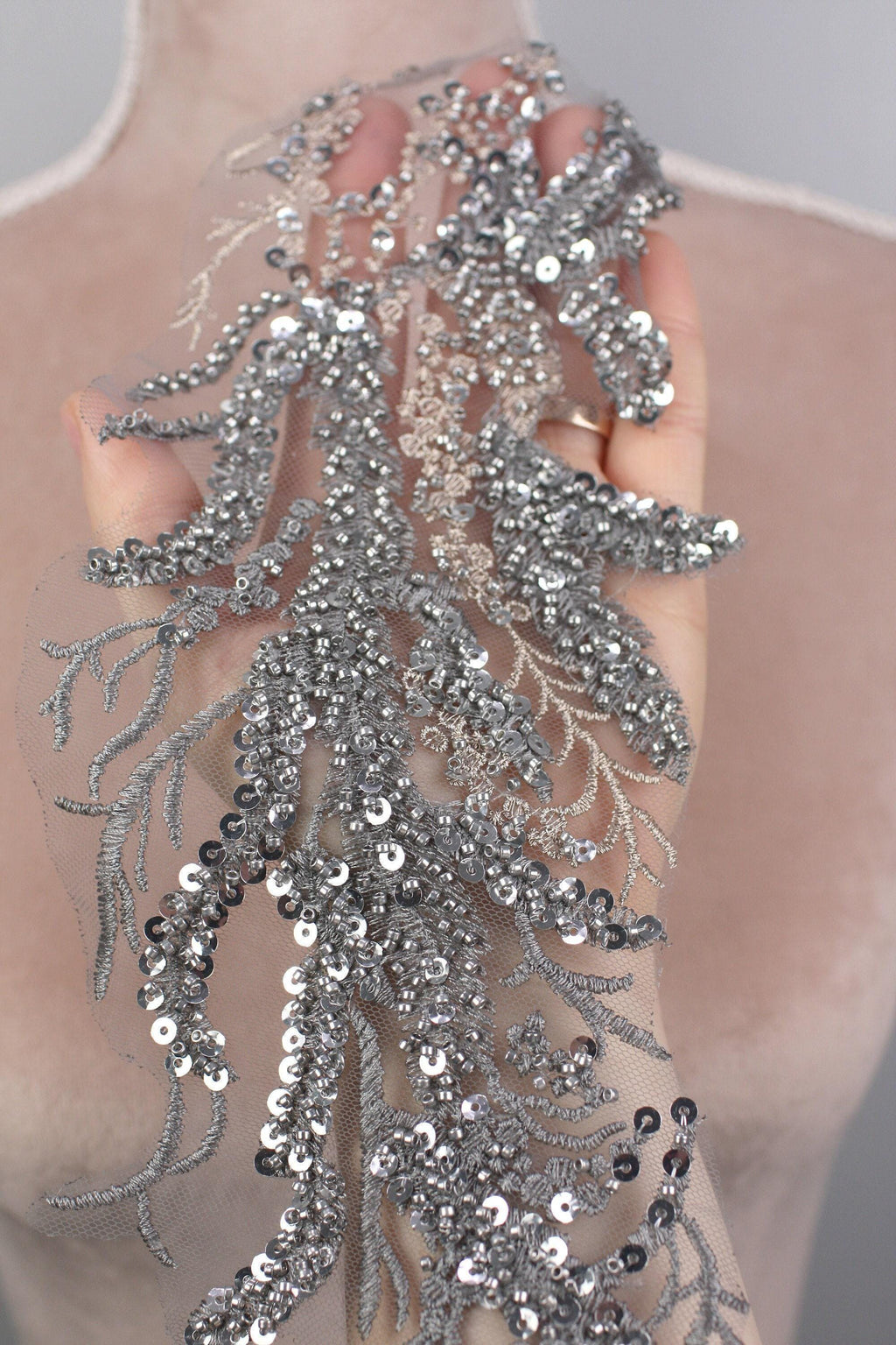 Gray Statement Lace Applique Pairs, Floral Wings & Branches – 4 Styles