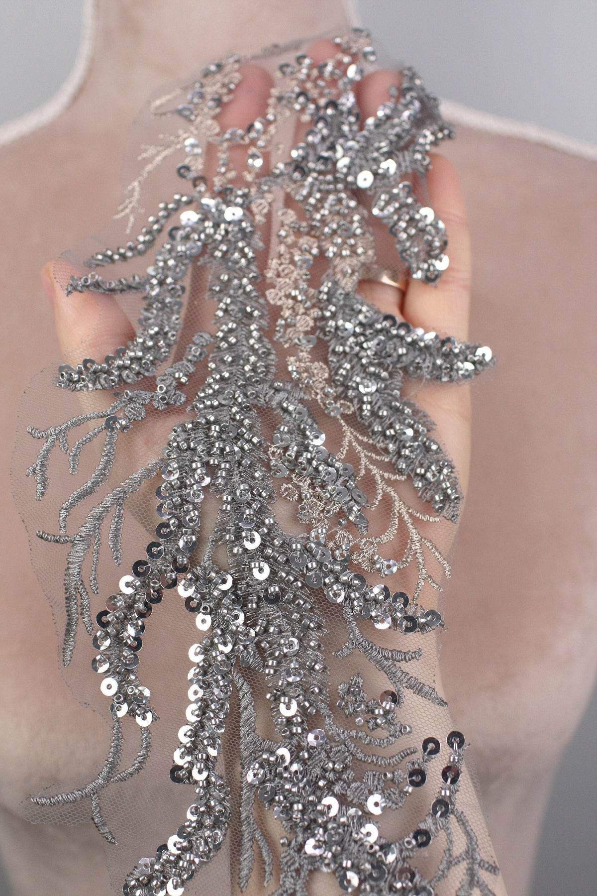 Gray Statement Lace Applique Pairs, Floral Wings & Branches – 4 Styles