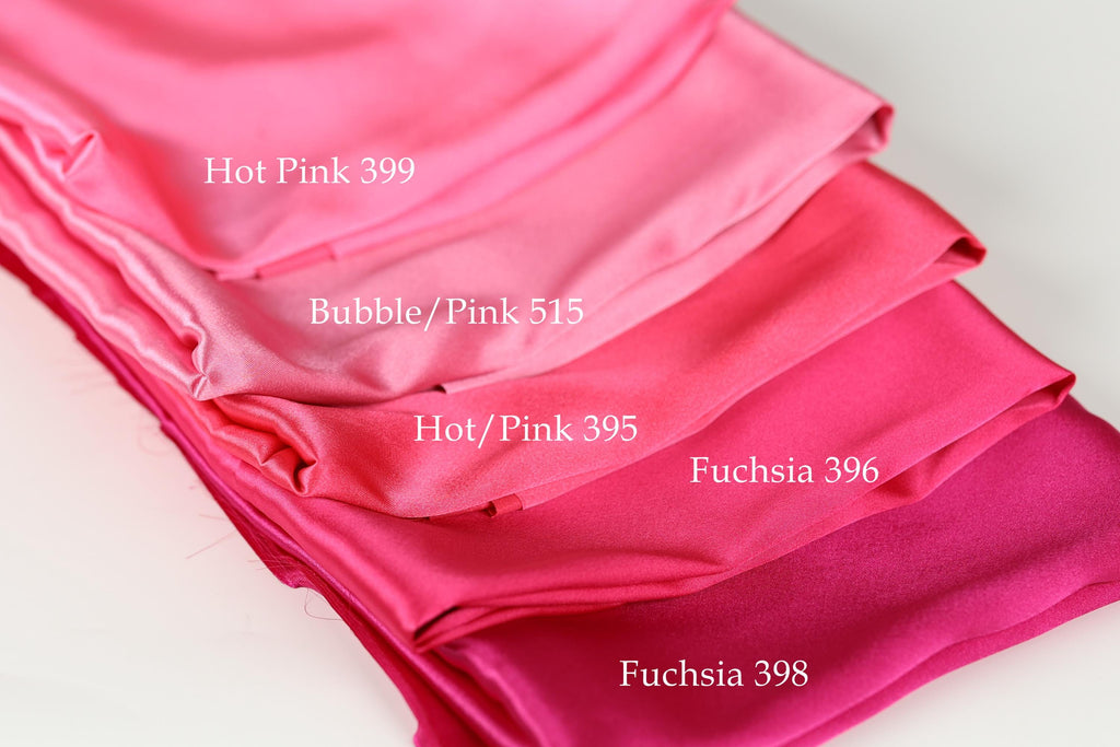a collection of four different shades of pink fabric, each labeled with its name.