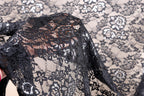 A close-up view of a black lace fabric with intricate floral patterns.