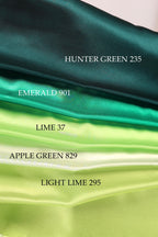 a collection of fabric swatches in various shades of green, including emerald, lime, apple, and light lime.