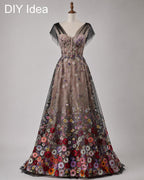 A long, floor-length dress with a floral print and sheer sleeves, featuring a v-neck and a train.
