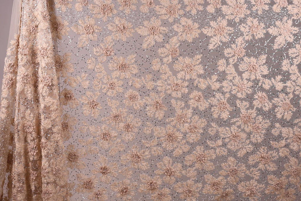 a close-up view of a fabric with a floral pattern, including small flowers and leaves. The fabric appears to be made of a light-colored material, possibly lace or a similar type of material. The pattern is intricate and detailed, with the flowers and leaves varying in size and shape. The image does not contain any text or other discernible objects, and the focus is solely on the floral pattern on the fabric.