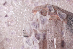 a close-up view of a delicate, intricately designed fabric with a floral pattern. The fabric is adorned with numerous small, sparkling sequins that add a touch of elegance and sophistication to the overall design. The close-up perspective allows for a detailed examination of the fabric's texture and the intricate patterns created by the sequins.