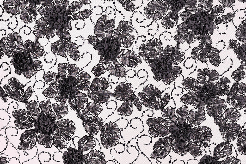 a close-up view of a black and white floral pattern with intricate designs and textures.