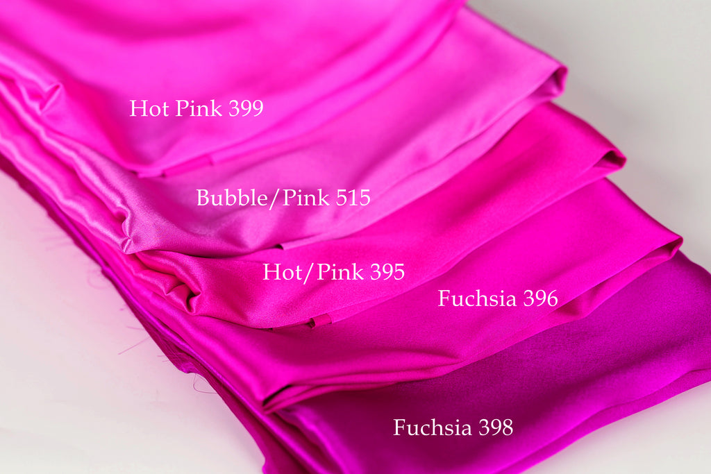 a collection of four different shades of pink fabric, each labeled with its name.