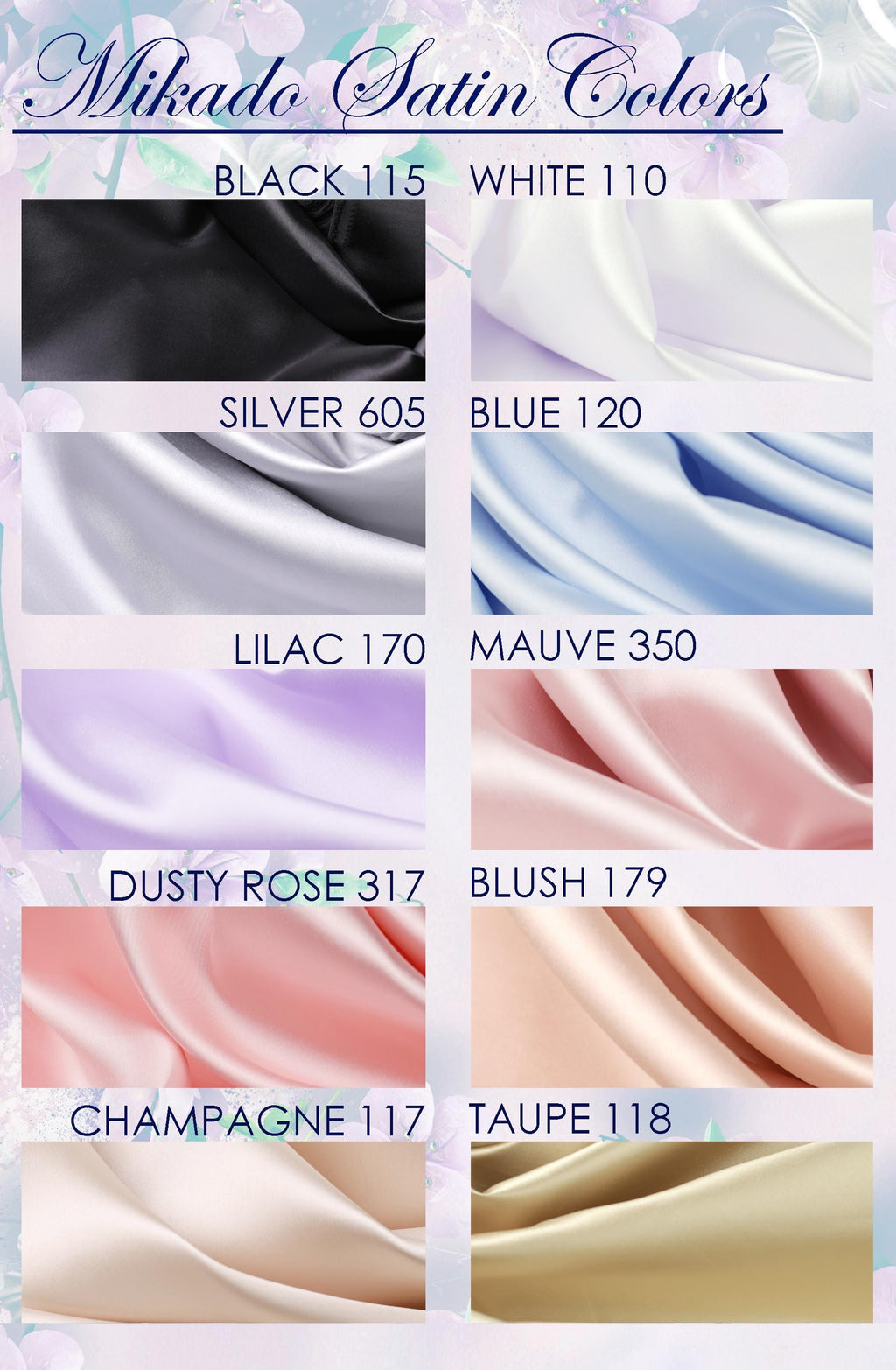 a collection of fabric swatches in various colors, including black, white, silver, blue, lilac, mauve, dusty rose, blush, champagne, and taupe.