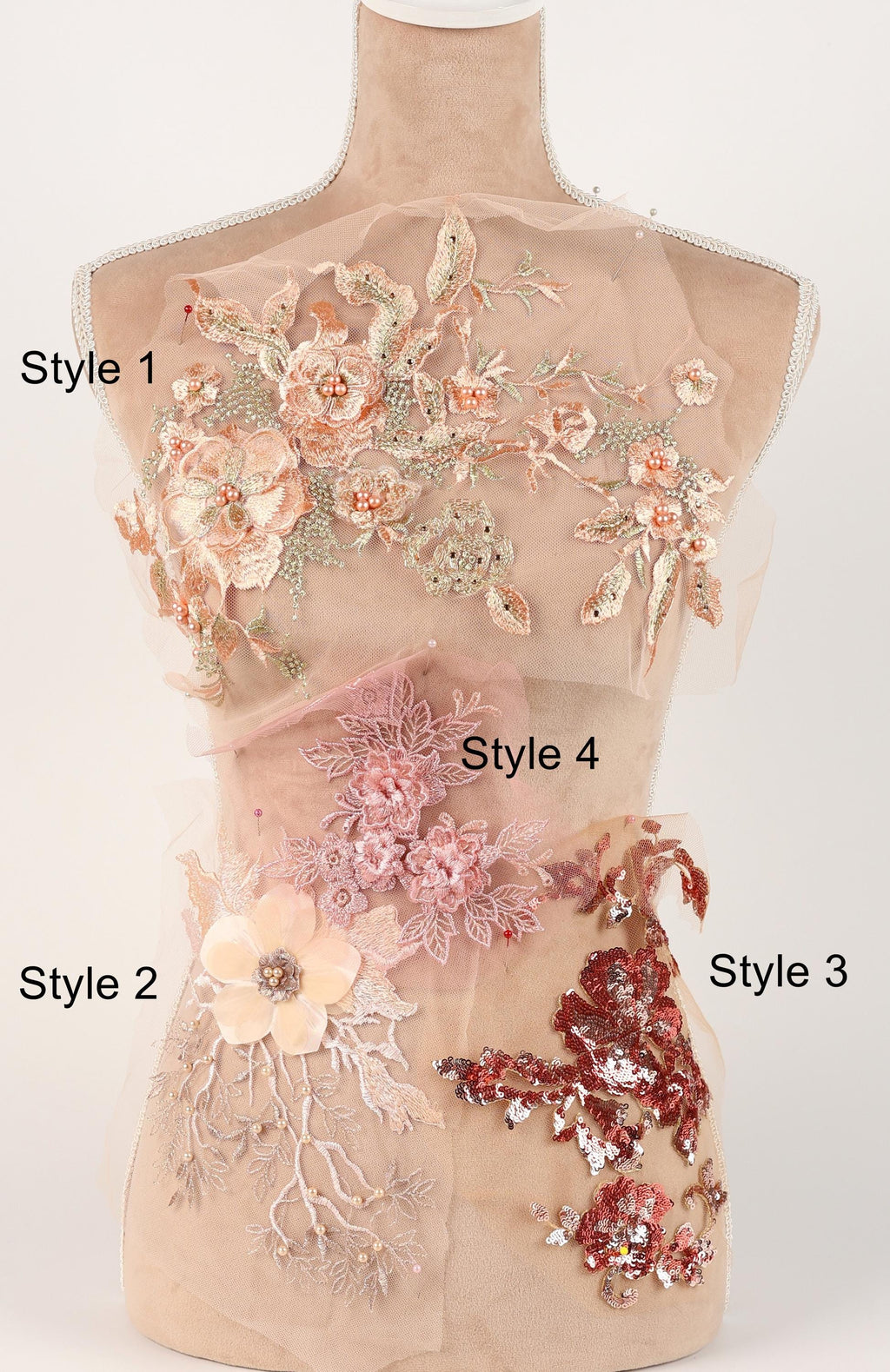 A mannequin with various decorative floral and sequin embellishments on its bust and hips, showcasing different styles and designs.