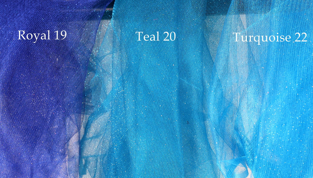 three different shades of blue fabric, each labeled with a number and a word. The first fabric is labeled "Royal 19", the second fabric is labeled "Tea 20", and the third fabric is labeled "Turquoise 22".