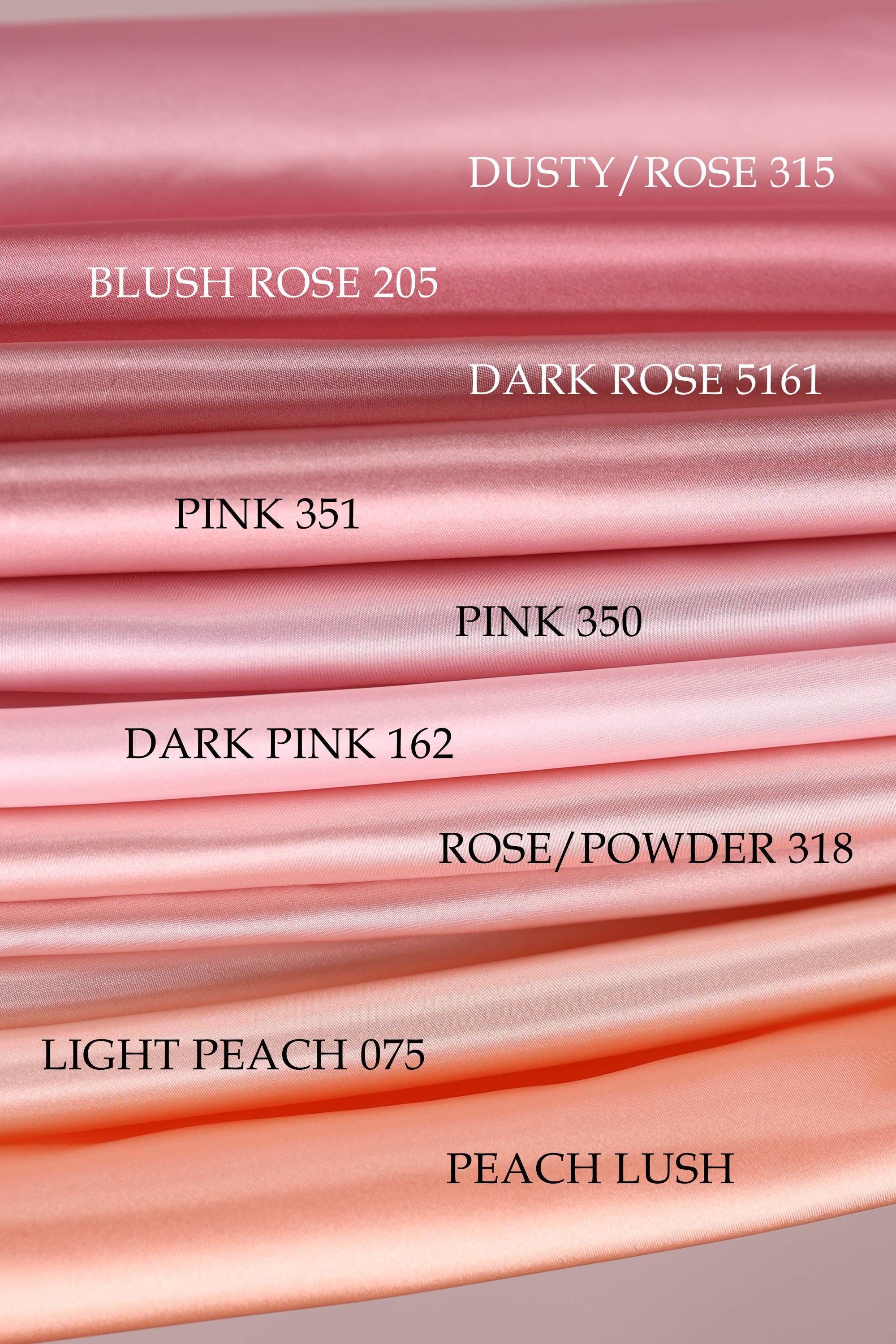 a collection of fabric swatches in various shades of pink, including "DUSTY/ROSE 315", "BLUSH ROSE 205", "PINK 350", "DARK ROSE 561", "PINK 350", "DARK PINK 16", "ROSE/POWDER 318", and "LIGHT PEACH 075" and "PEACH LUSH".