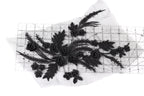 a close-up view of a black lace flower design with numerous black beads and leaves attached to it.