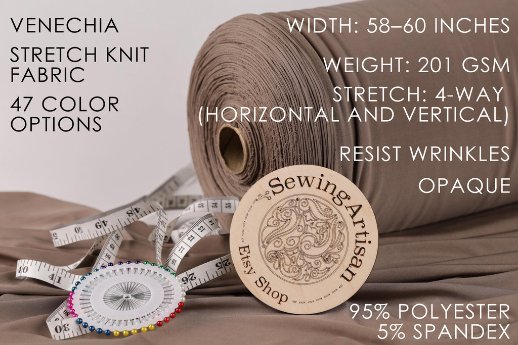 a variety of sewing and crafting supplies, including a roll of stretch knit fabric, a sewing kit, and a spool of thread. The text provides information about the product, such as its width, weight, stretch, and resistance to wrinkles.