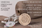 a variety of sewing and crafting supplies, including a roll of stretch knit fabric, a sewing kit, and a spool of thread. The text provides information about the product, such as its width, weight, stretch, and resistance to wrinkles.