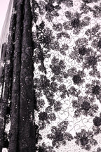 a close-up view of a black lace fabric with a floral pattern. The lace appears to be made of a shiny material, and the intricate design of the lace is visible, with the individual threads creating a visually striking pattern.