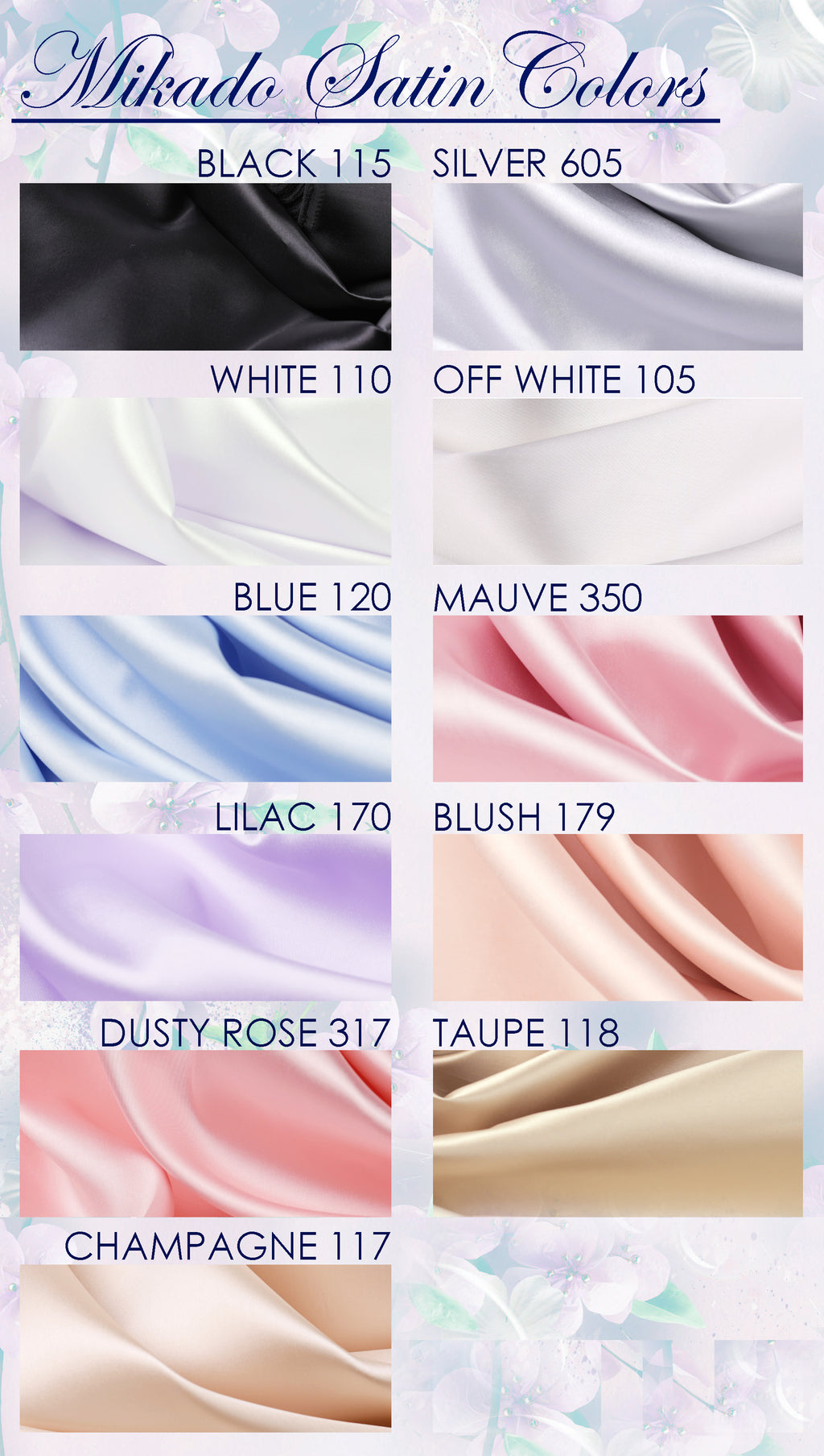 a collection of fabric swatches in various colors, including black, white, blue, purple, lilac, and pink. The swatches are arranged in a grid format, with each row representing a different color and each column representing a different fabric type. The text "Mikado Satin Colors" is visible at the top of the image, indicating the theme or subject of the collection.