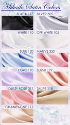 a collection of fabric swatches in various colors, including black, white, blue, purple, lilac, and pink. The swatches are arranged in a grid format, with each row representing a different color and each column representing a different fabric type. The text "Mikado Satin Colors" is visible at the top of the image, indicating the theme or subject of the collection.