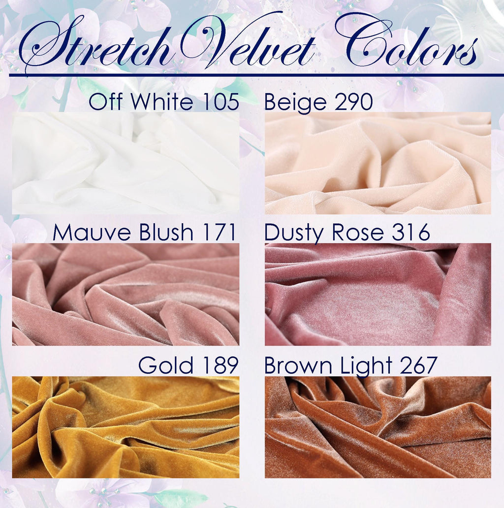 a collection of six different types of stretch velvet fabrics, each with a unique color. The fabrics include Off White 105, Beige 290, Mauve Blush 171, Dusty Rose 316, Gold 189, and Brown Light 267.