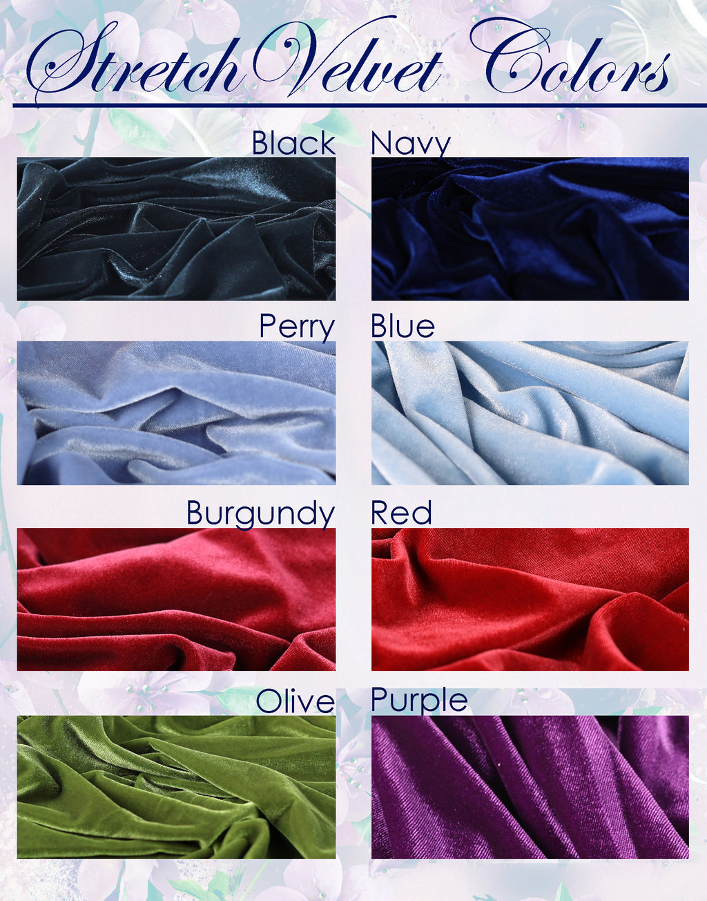 a collection of eight different colored stretch velvet fabrics, each with a unique texture and color. The fabrics include black, navy, perry, blue, burgundy, red, olive, and purple.