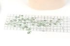 a clear ruler with green leaves and flowers placed on it, indicating a creative or artistic project.