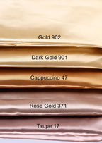 a collection of five fabric swatches, each with a different color: Gold 902, Dark Gold 901, Cappuccino 47, Rose Gold 371, and Taupe 17.
