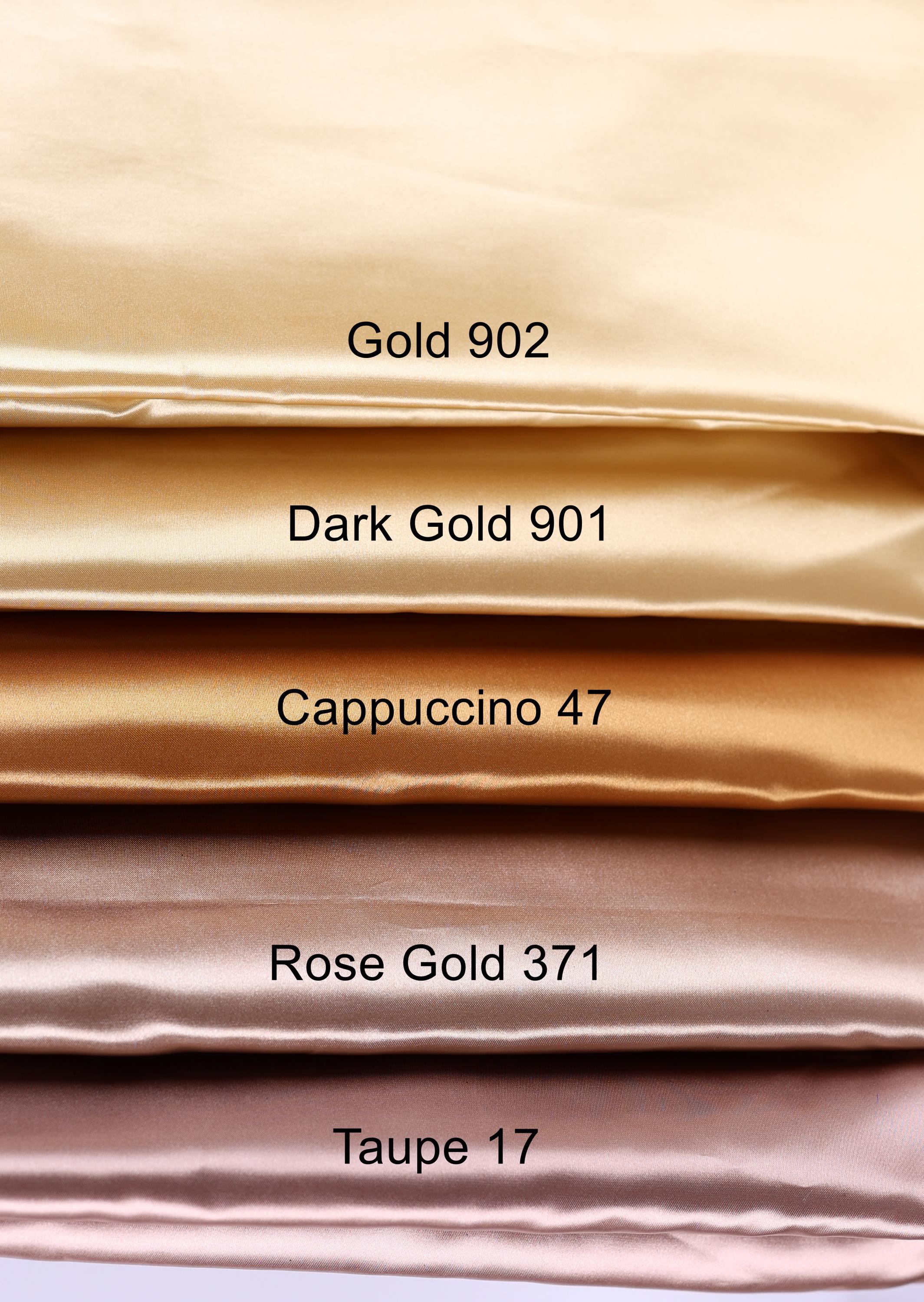 a collection of five fabric swatches, each with a different color: Gold 902, Dark Gold 901, Cappuccino 47, Rose Gold 371, and Taupe 17.