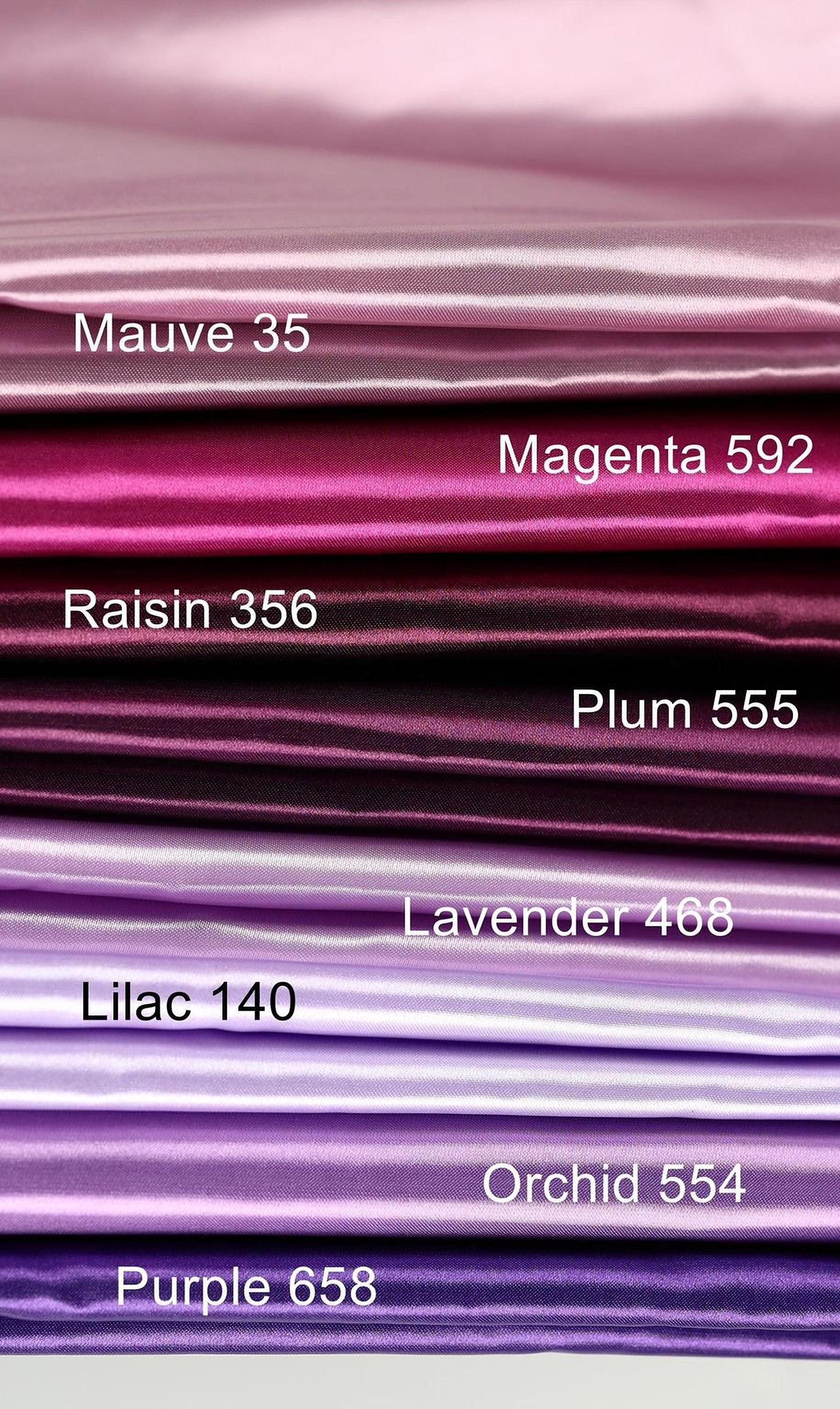 A collection of fabric swatches in various shades of purple, including Mauve 35, Magenta 592, Raisin 36, Plum 555, Lavender 468, Lilac 140, Purple 658, and Orchid 554.