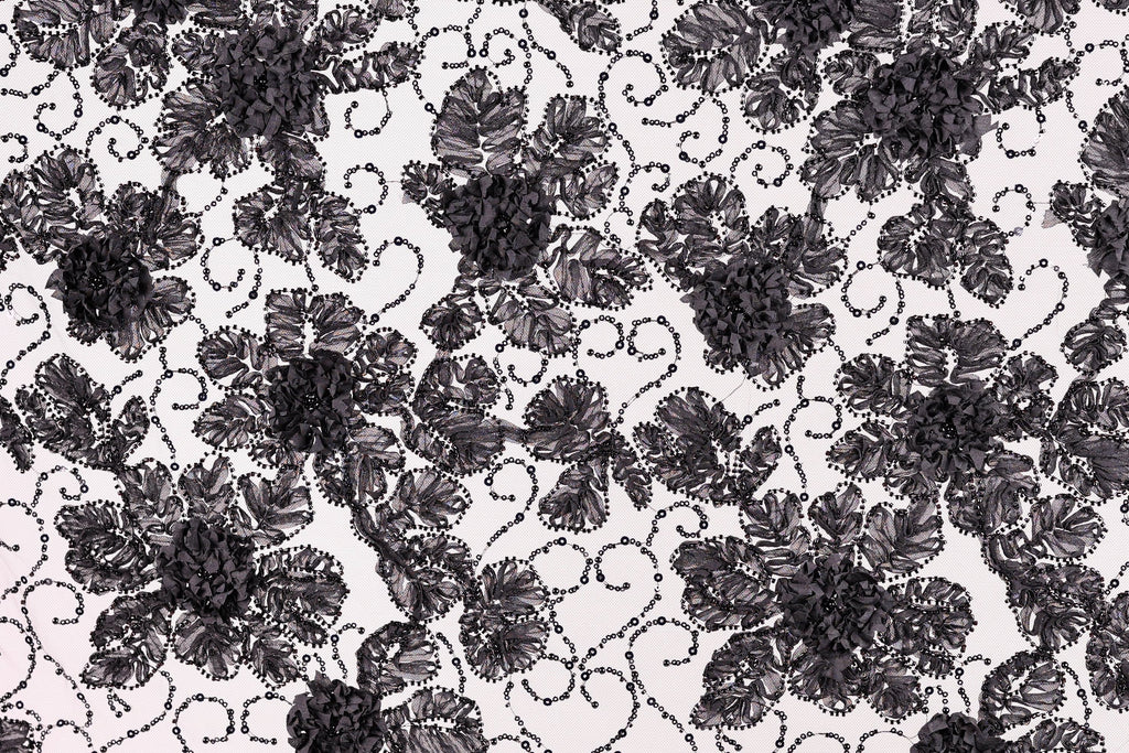 a close-up view of a black and white floral pattern with intricate designs and textures.