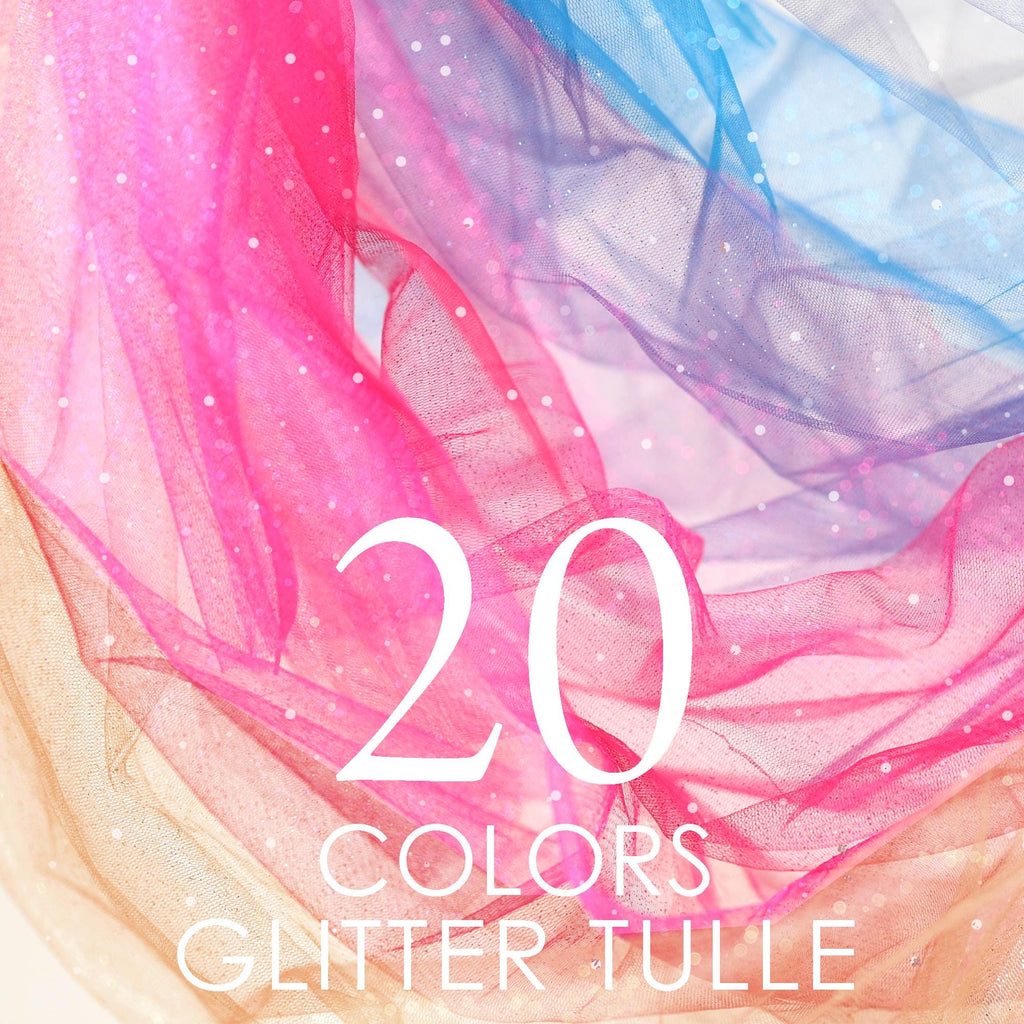 The image is a collage of various colorful tulle fabric swatches, with the text "20 COLORS GLITTER TULLE" overlaid on the image.