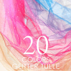 The image is a collage of various colorful tulle fabric swatches, with the text "20 COLORS GLITTER TULLE" overlaid on the image.