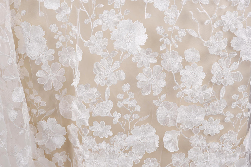 a close-up view of a delicate, white lace fabric with a floral pattern. The lace appears to be made of a sheer material, giving it a delicate and airy appearance. The intricate design of the lace features numerous small flowers and leaves, creating a visually appealing and intricate texture.