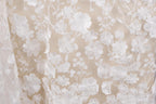 a close-up view of a delicate, white lace fabric with a floral pattern. The lace appears to be made of a sheer material, giving it a delicate and airy appearance. The intricate design of the lace features numerous small flowers and leaves, creating a visually appealing and intricate texture.