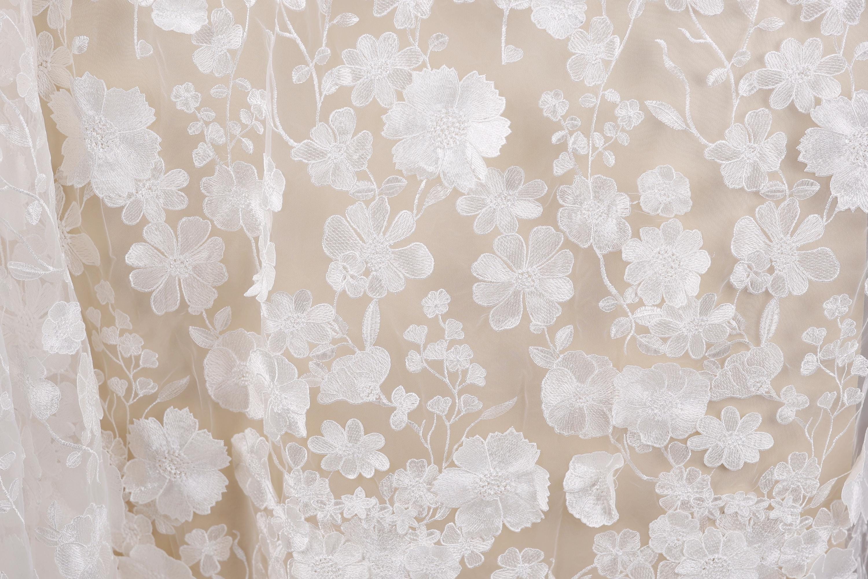 a close-up view of a delicate, white lace fabric with a floral pattern. The lace appears to be made of a sheer material, giving it a delicate and airy appearance. The intricate design of the lace features numerous small flowers and leaves, creating a visually appealing and intricate texture.