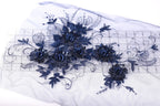 a close-up view of a delicate blue floral embroidery on a white background. The embroidery is composed of various blue flowers and leaves, creating a visually appealing and intricate design.