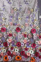 a vibrant and colorful floral pattern, with a variety of flowers in shades of pink, purple, yellow, and orange. The flowers are arranged in a repeating pattern, creating a visually striking and intricate design.
