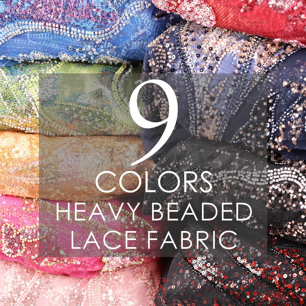 A collection of colorful, heavy beaded lace fabric, with the text "9 COLORS HEAVY BEADED LACE FABRIC" overlaid on the image.