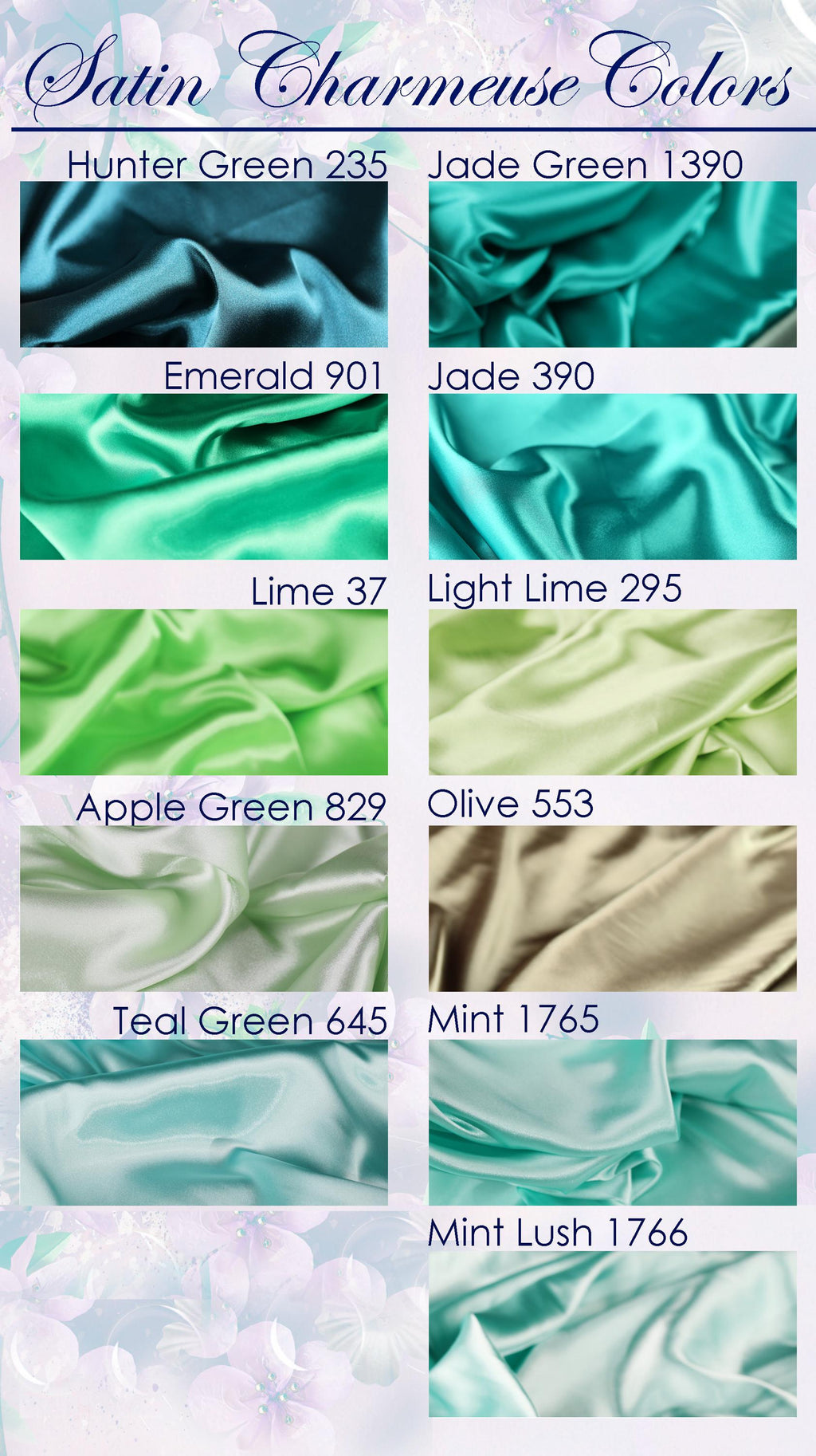 a collection of various satin charmuse colors, including different shades of green, blue, and gold. The colors are labeled with their names, such as &#39;Hunter Green&#39;, &#39;Jade Green&#39;, and &#39;Apple Green&#39;. The image is a collage of multiple images showcasing the different satin charmuse colors, and it does not include any descriptions or explanations of each color.