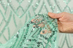 A hand is holding a piece of green sequin fabric, with the background blurred to focus attention on the fabric.