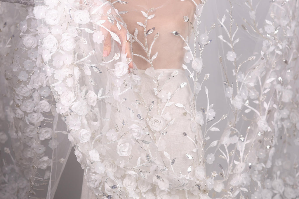 A close-up view of a delicate, white lace dress with intricate floral embroidery.