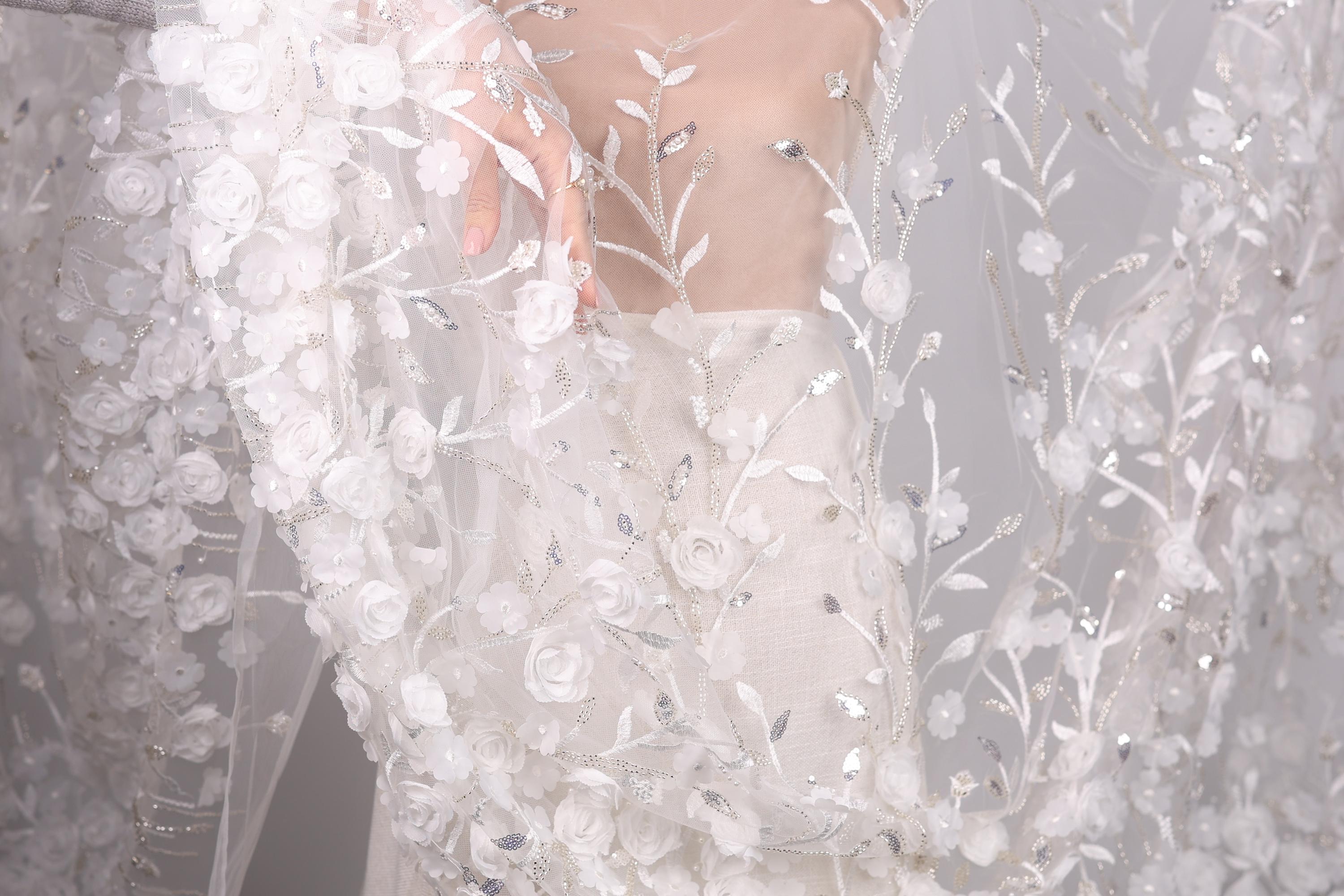 A close-up view of a delicate, white lace dress with intricate floral embroidery.