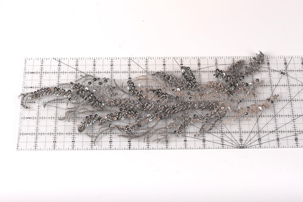a collection of sequin pieces and a ruler on a white background.
