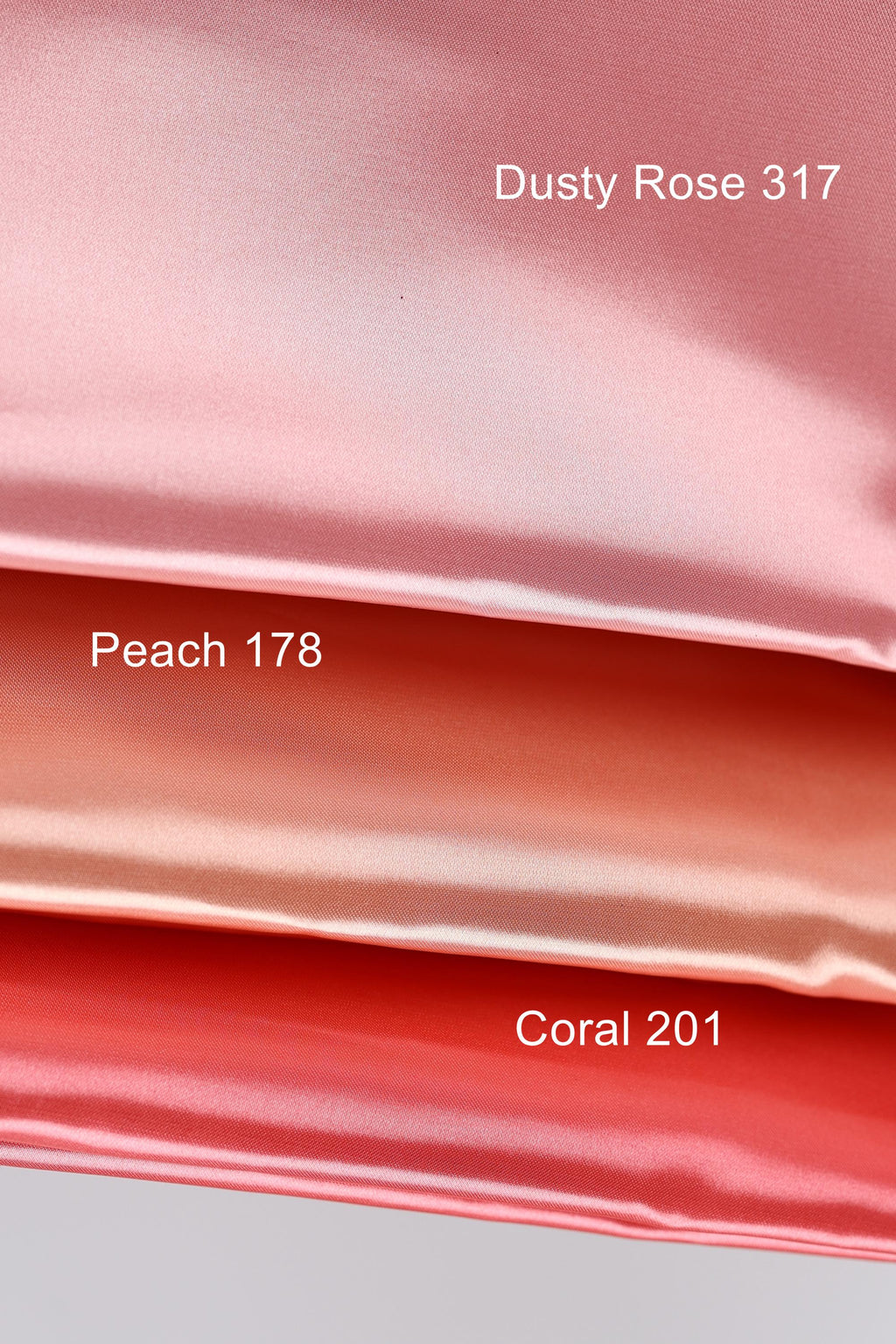 three different fabric swatches, each with a distinct color: "Dusting Rose 317", "Peach 178", and "Coral 201".
