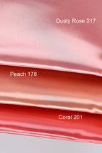 three different fabric swatches, each with a distinct color: "Dusting Rose 317", "Peach 178", and "Coral 201".