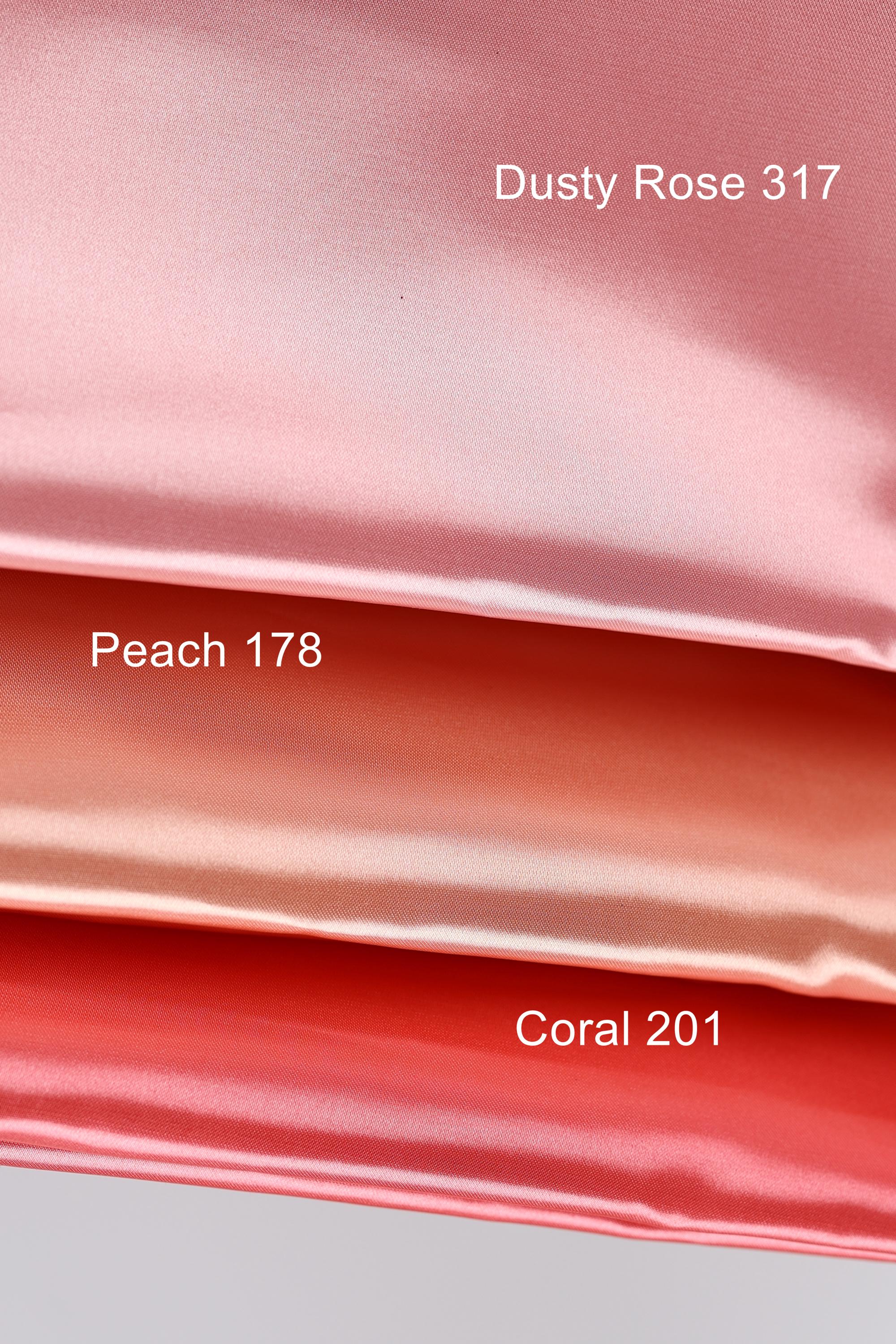 three different fabric swatches, each with a distinct color: "Dusting Rose 317", "Peach 178", and "Coral 201".