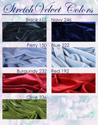 a collection of six different stretch velvet fabric colors, each with a unique pattern and hue. The colors include Black 115, Navy 246, Perry 150, Blue 222, Burgundy 232, and Red 192. The fabrics are arranged in a grid format, showcasing the variety of options available for textile design and fashion.